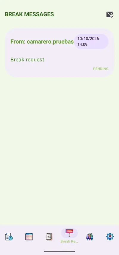 eTable: Descansos. El personal pide descanso y el admin lo resuelve.